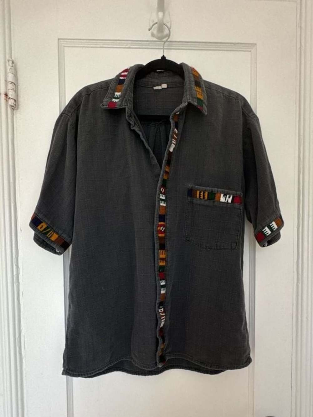 Mexican Serape Trim Guayabera Short Sleeve Shirt Gray size M unbranded